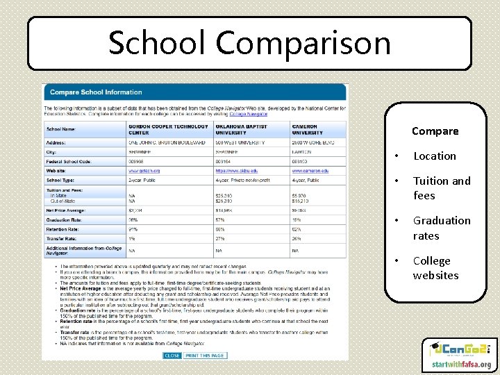 School Comparison Compare • Location • Tuition and fees • Graduation rates • College