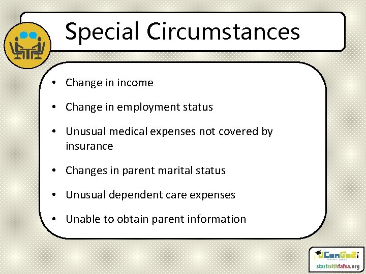 Special Circumstances • Change in income • Change in employment status • Unusual medical