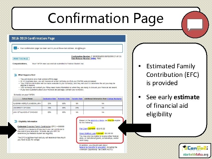 Confirmation Page 2018 -2019 Confirmation Page • Estimated Family Contribution (EFC) is provided •