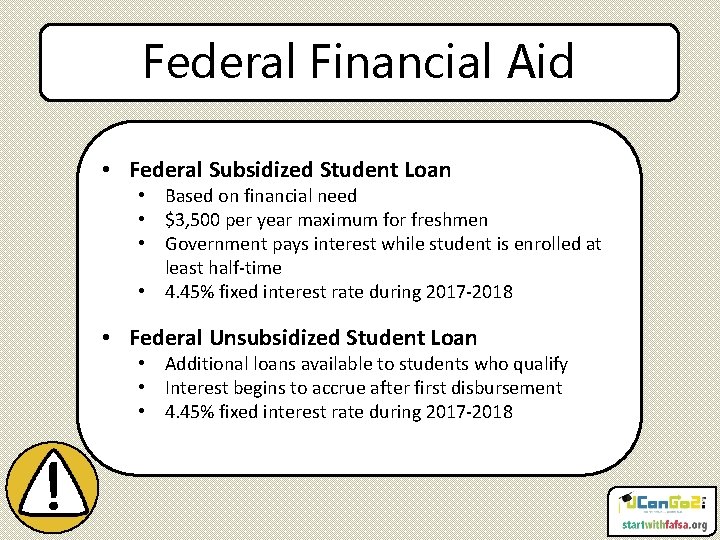Federal Financial Aid • Federal Subsidized Student Loan • Based on financial need •
