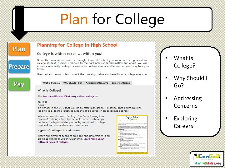 Plan for College • What is College? • Why Should I Go? • Addressing