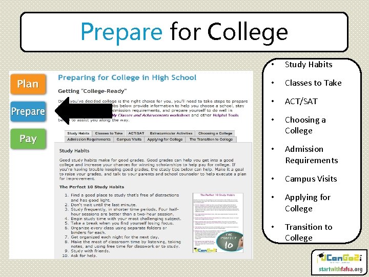 Prepare for College • Study Habits • Classes to Take • ACT/SAT • Choosing