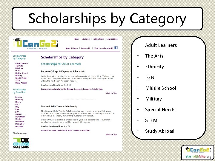 Scholarships by Category • Adult Learners • The Arts • Ethnicity • LGBT •