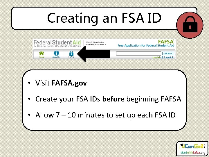 Creating an FSA ID • Visit FAFSA. gov • Create your FSA IDs before