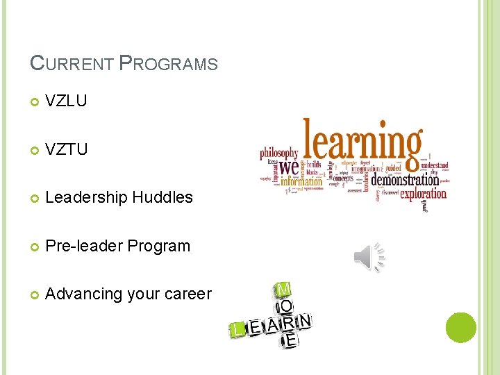 CURRENT PROGRAMS VZLU VZTU Leadership Huddles Pre-leader Program Advancing your career 