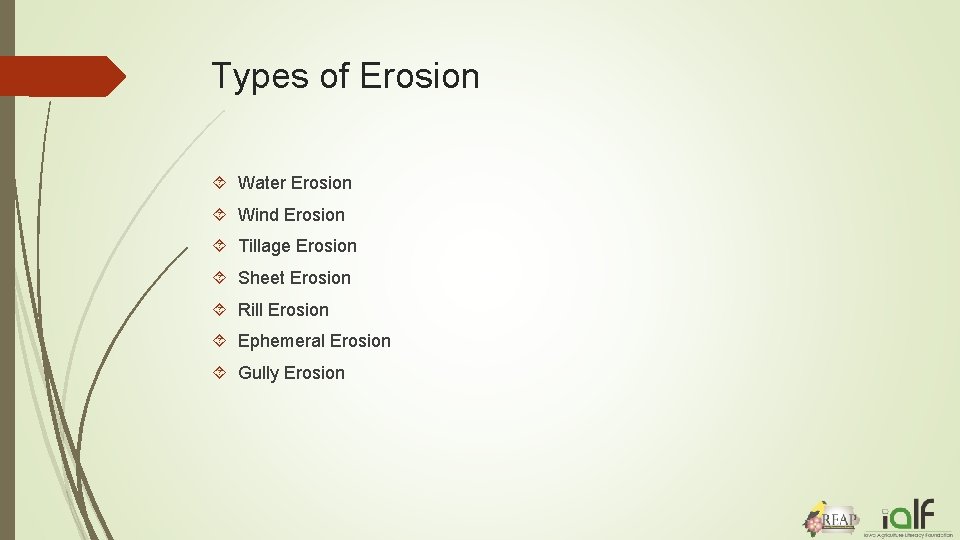 Types of Erosion Water Erosion Wind Erosion Tillage Erosion Sheet Erosion Rill Erosion Ephemeral