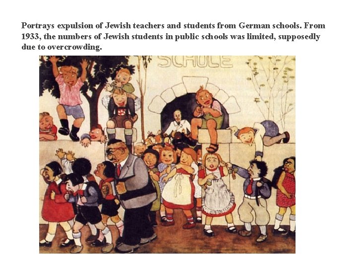 Portrays expulsion of Jewish teachers and students from German schools. From 1933, the numbers