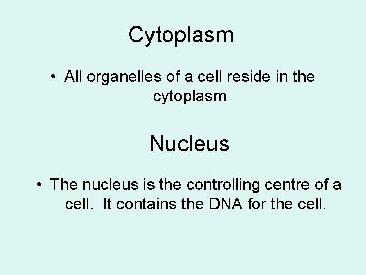 Cytoplasm • All organelles of a cell reside in the cytoplasm Nucleus • The