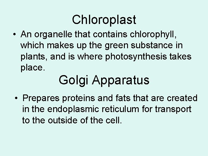 Chloroplast • An organelle that contains chlorophyll, which makes up the green substance in