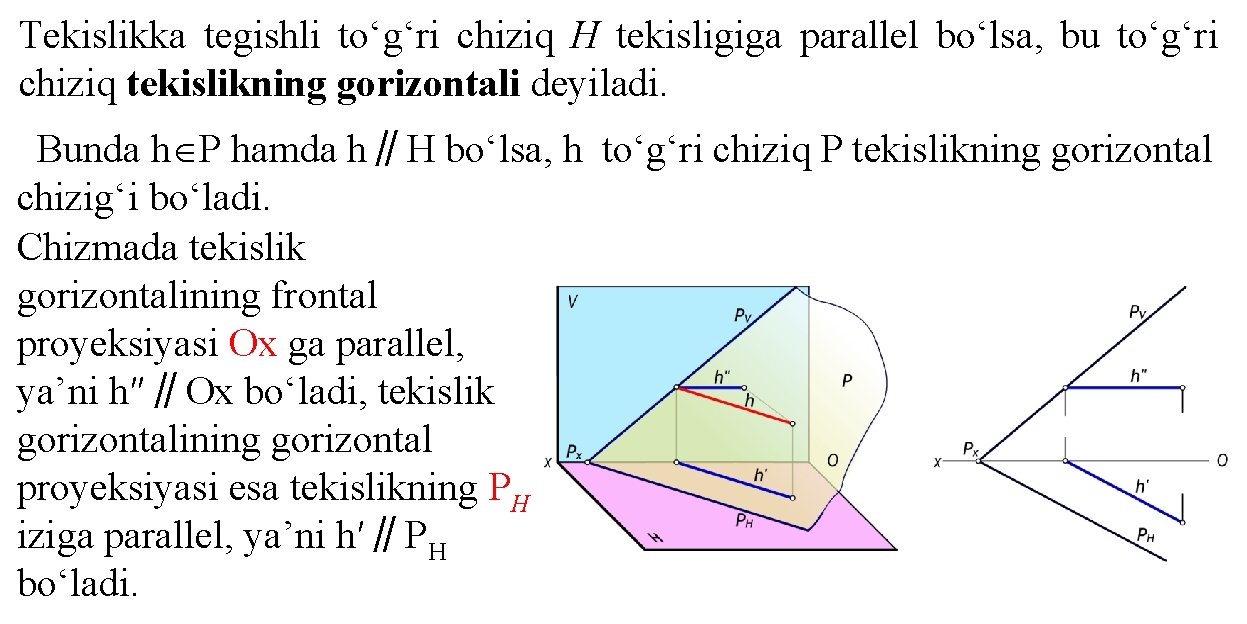 Tekislikka tegishli to‘g‘ri chiziq H tekisligiga parallel bo‘lsa, bu to‘g‘ri chiziq tekislikning gorizontali deyiladi.