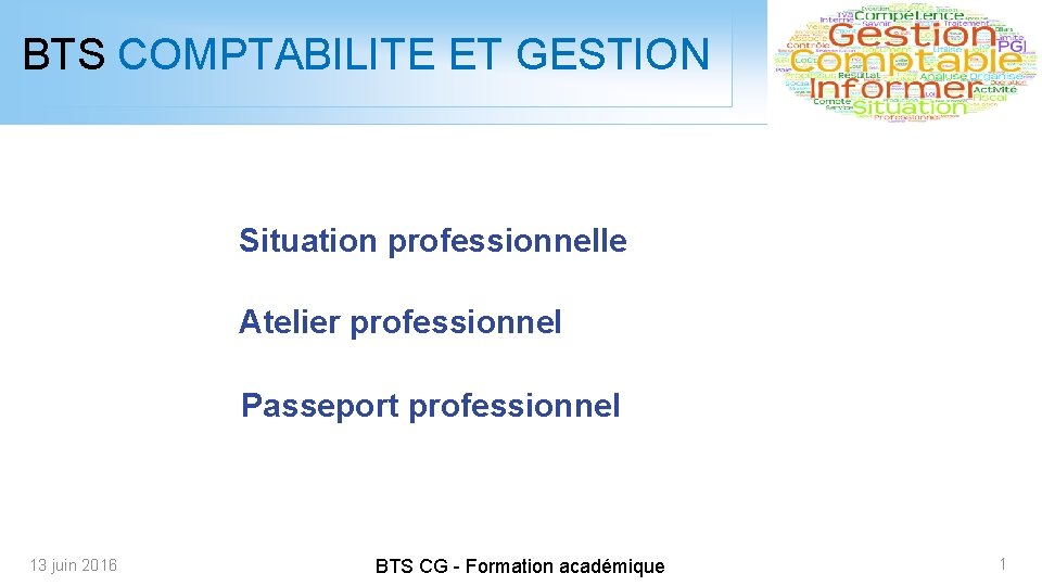 BTS COMPTABILITE ET GESTION Situation professionnelle Atelier professionnel Passeport professionnel 13 juin 2016 BTS