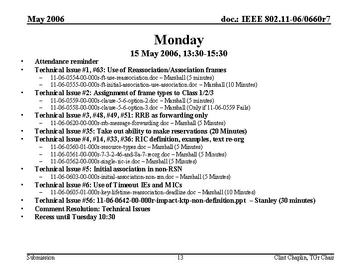 May 2006 doc. : IEEE 802. 11 -06/0660 r 7 Monday • • 15