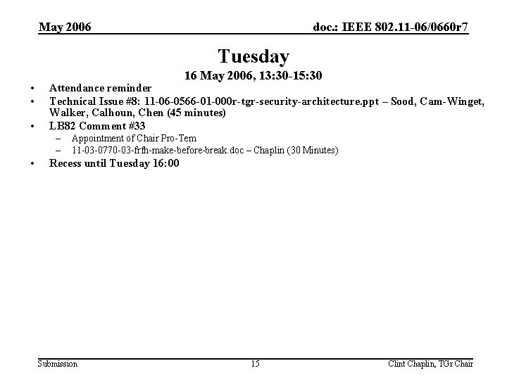 May 2006 doc. : IEEE 802. 11 -06/0660 r 7 Tuesday • • •