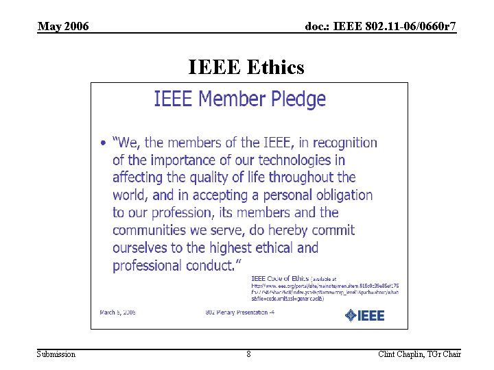 May 2006 doc. : IEEE 802. 11 -06/0660 r 7 IEEE Ethics Submission 8