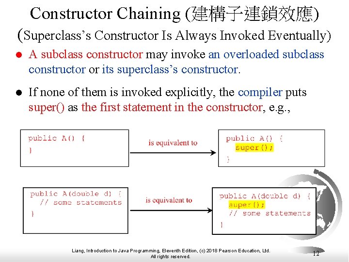 Constructor Chaining (建構子連鎖效應) (Superclass’s Constructor Is Always Invoked Eventually) l A subclass constructor may