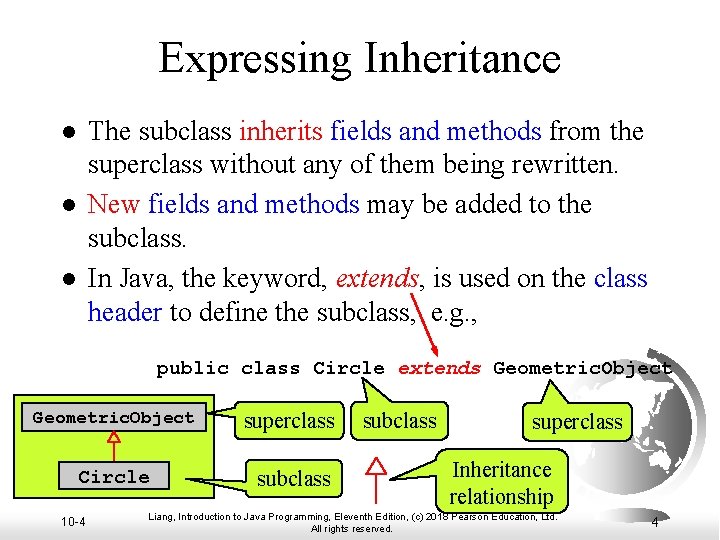 Expressing Inheritance The subclass inherits fields and methods from the superclass without any of
