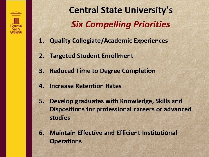 Central State University’s Six Compelling Priorities 1. Quality Collegiate/Academic Experiences 2. Targeted Student Enrollment