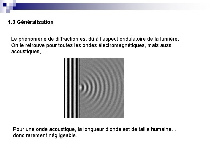 1. 3 Généralisation Le phénomène de diffraction est dû à l’aspect ondulatoire de la