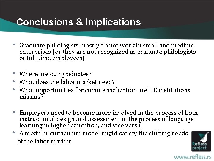 Conclusions & Implications Graduate philologists mostly do not work in small and medium enterprises