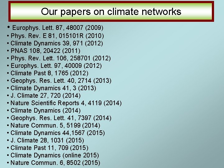 Our papers on climate networks • Europhys. Lett. 87, 48007 (2009) • Phys. Rev. Our papers on climate networks • Europhys. Lett. 87, 48007 (2009) • Phys. Rev.