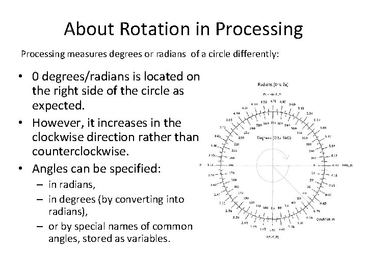 About Rotation in Processing measures degrees or radians of a circle differently: • 0