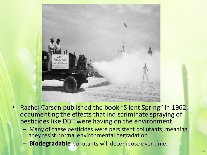  • Rachel Carson published the book “Silent Spring” in 1962, documenting the effects