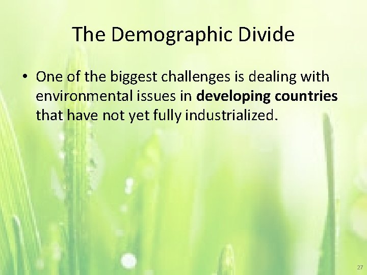 The Demographic Divide • One of the biggest challenges is dealing with environmental issues