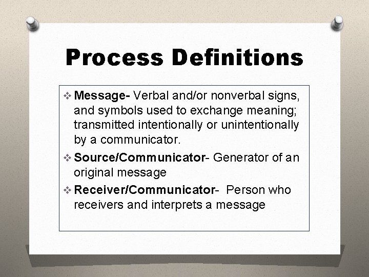 Process Definitions v Message- Verbal and/or nonverbal signs, and symbols used to exchange meaning; Process Definitions v Message- Verbal and/or nonverbal signs, and symbols used to exchange meaning;