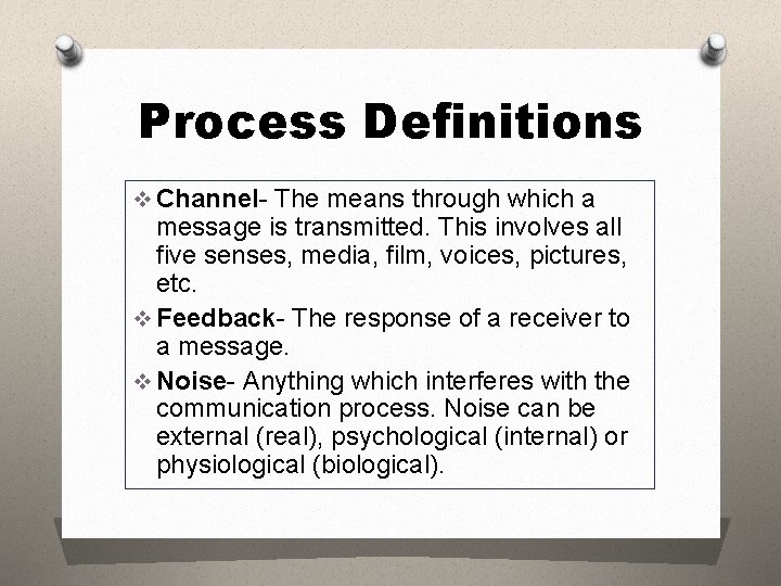 Process Definitions v Channel- The means through which a message is transmitted. This involves Process Definitions v Channel- The means through which a message is transmitted. This involves