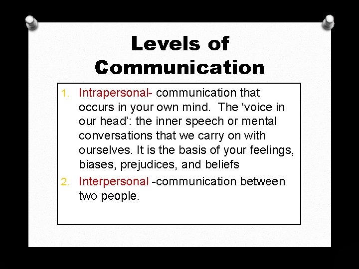 Levels of Communication 1. Intrapersonal- communication that occurs in your own mind. The ‘voice Levels of Communication 1. Intrapersonal- communication that occurs in your own mind. The ‘voice