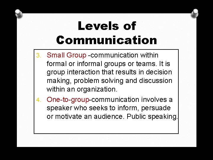 Levels of Communication 3. Small Group -communication within formal or informal groups or teams. Levels of Communication 3. Small Group -communication within formal or informal groups or teams.