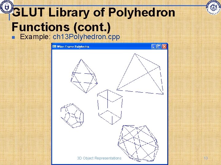 GLUT Library of Polyhedron Functions (cont. ) Example: ch 13 Polyhedron. cpp 3 D