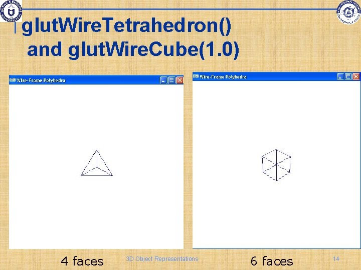 glut. Wire. Tetrahedron() and glut. Wire. Cube(1. 0) 4 faces 3 D Object Representations