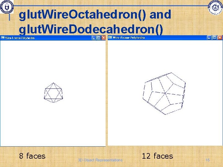glut. Wire. Octahedron() and glut. Wire. Dodecahedron() 8 faces 3 D Object Representations 12