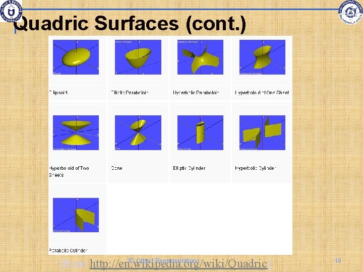 Quadric Surfaces (cont. ) 3 D Object Representations (from http: //en. wikipedia. org/wiki/Quadric) 18