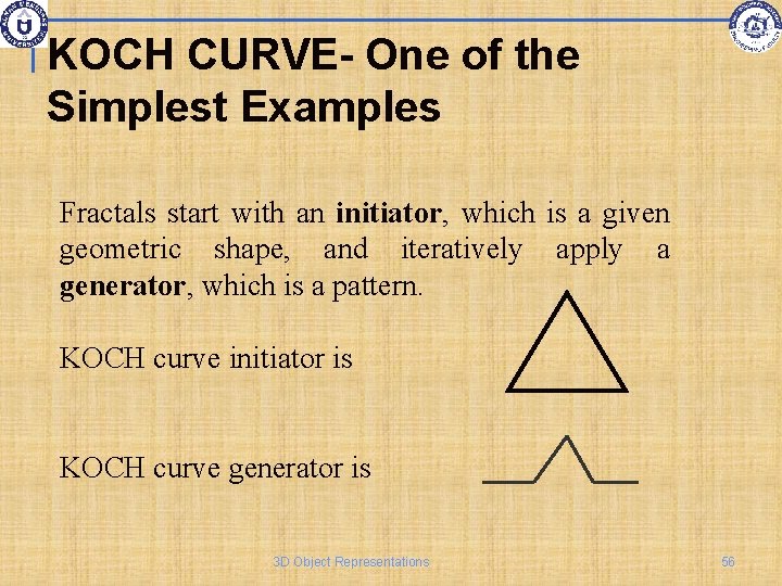 KOCH CURVE- One of the Simplest Examples Fractals start with an initiator, which is