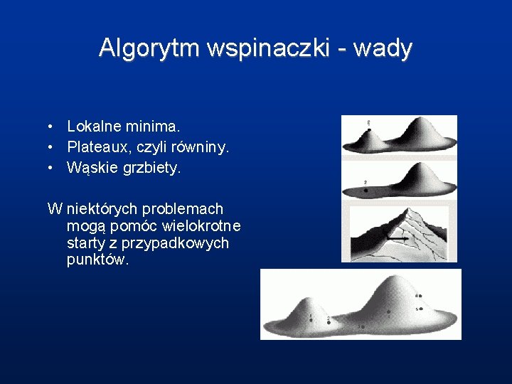 Algorytm wspinaczki - wady • Lokalne minima. • Plateaux, czyli równiny. • Wąskie grzbiety.