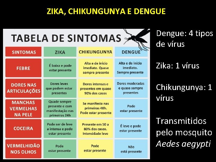 ZIKA, CHIKUNGUNYA E DENGUE Dengue: 4 tipos de vírus Zika: 1 vírus Chikungunya: 1