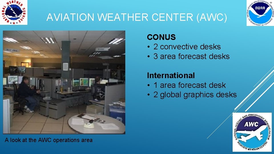 AVIATION WEATHER CENTER (AWC) CONUS • 2 convective desks • 3 area forecast desks