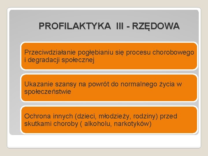 PROFILAKTYKA III - RZĘDOWA Przeciwdziałanie pogłębianiu się procesu chorobowego i degradacji społecznej Ukazanie szansy