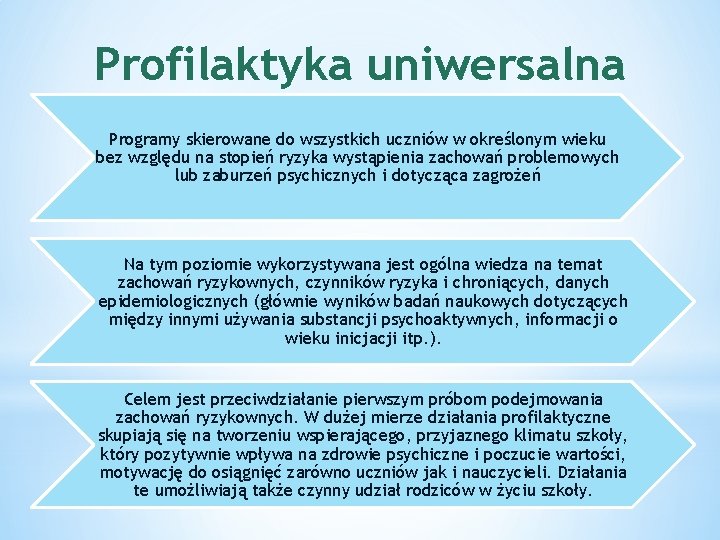 Profilaktyka uniwersalna Programy skierowane do wszystkich uczniów w określonym wieku bez względu na stopień