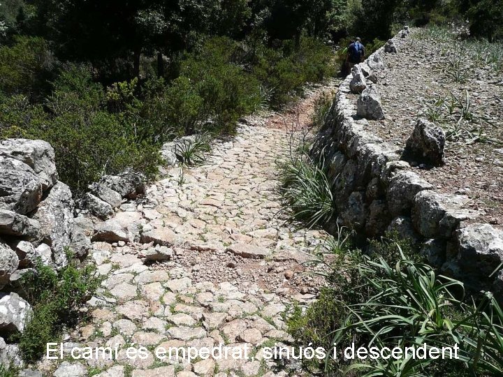 El camí és empedrat, sinuós i descendent 