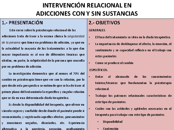 INTERVENCIÓN RELACIONAL EN ADICCIONES CON Y SIN SUSTANCIAS 1. - PRESENTACIÓN 2. - OBJETIVOS