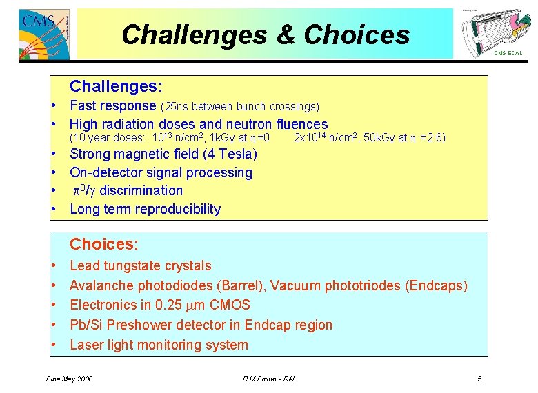 Challenges & Choices CMS ECAL Challenges: • Fast response (25 ns between bunch crossings)