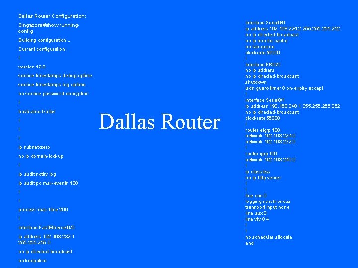 Dallas Router Configuration: Singapore#show runningconfig Building configuration. . . Current configuration: ! version 12.