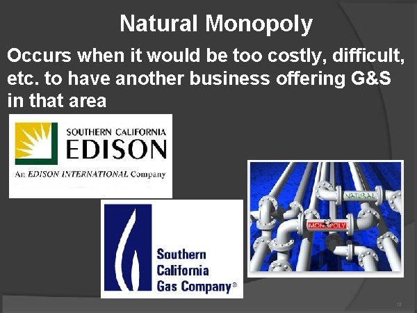 Natural Monopoly Occurs when it would be too costly, difficult, etc. to have another