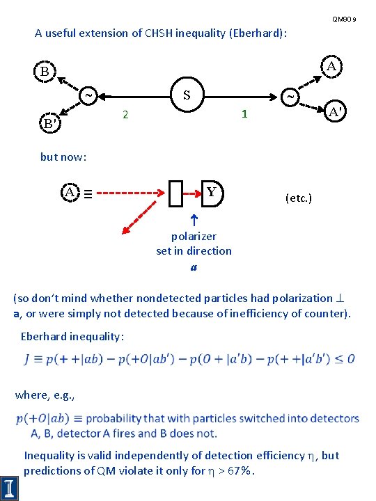 QM 90 9 A useful extension of CHSH inequality (Eberhard): A B ˜ B'