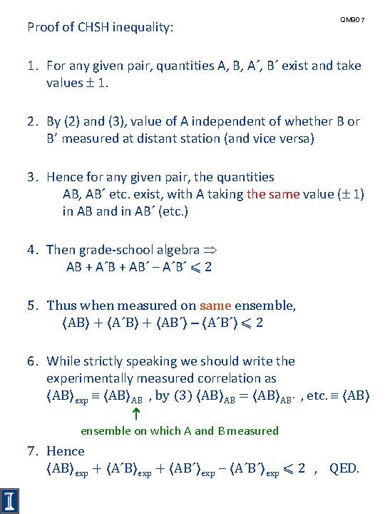 Proof of CHSH inequality: QM 90 7 1. For any given pair, quantities A,