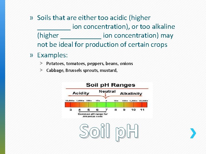 » Soils that are either too acidic (higher _____ ion concentration), or too alkaline