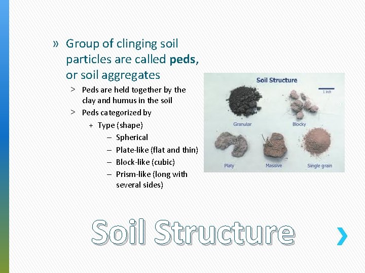 » Group of clinging soil particles are called peds, or soil aggregates ˃ Peds